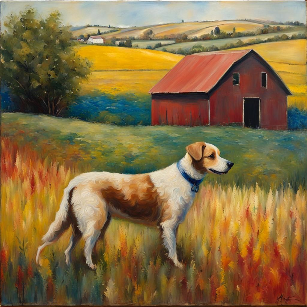 Farm Dog in Encaustic Painting Style