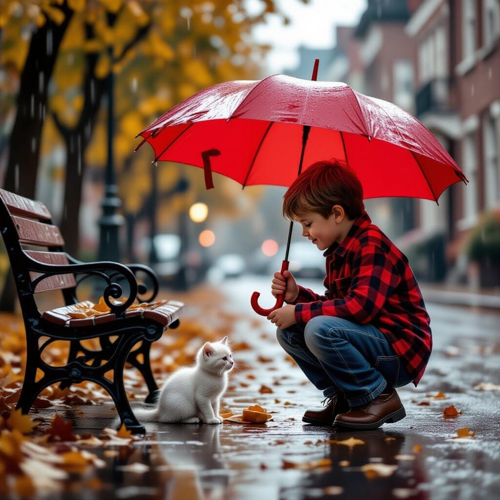 Boy Shields Kitten from Rain in Classic American Scene