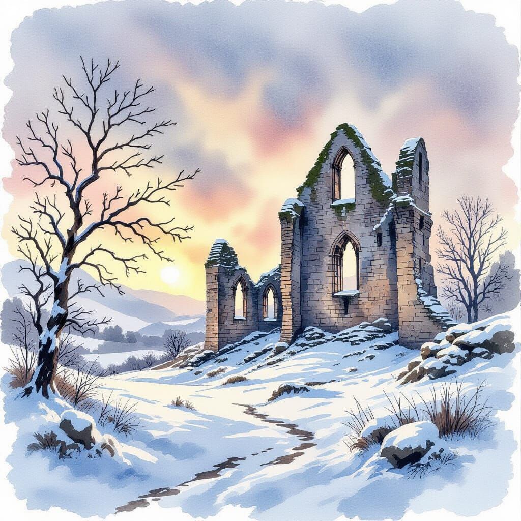 Medieval Ruin Winter Landscape in Watercolour
