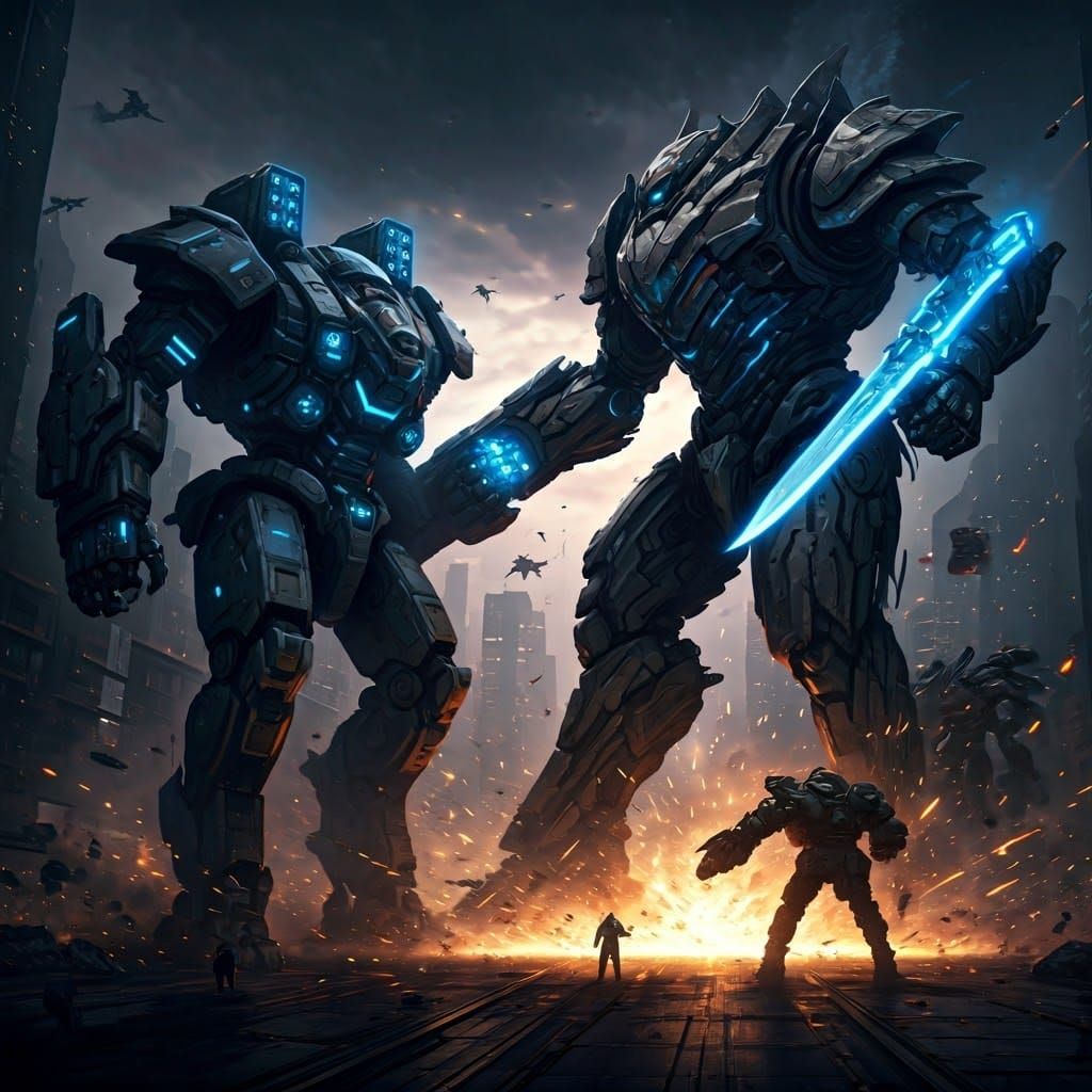 Dystopian Metropolis Mech Battle in Cyberpunk Style
