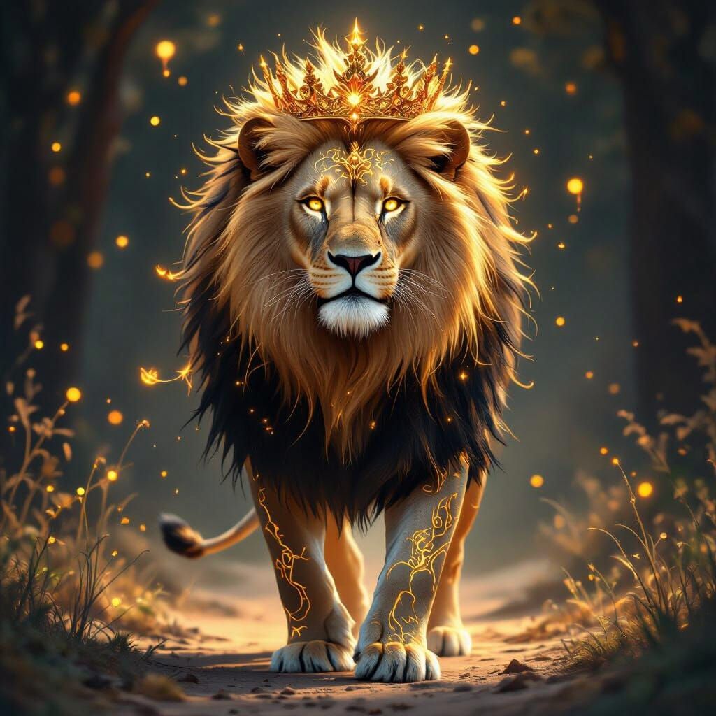 Majestic Lion with Crown and Golden Kintsugi Markings