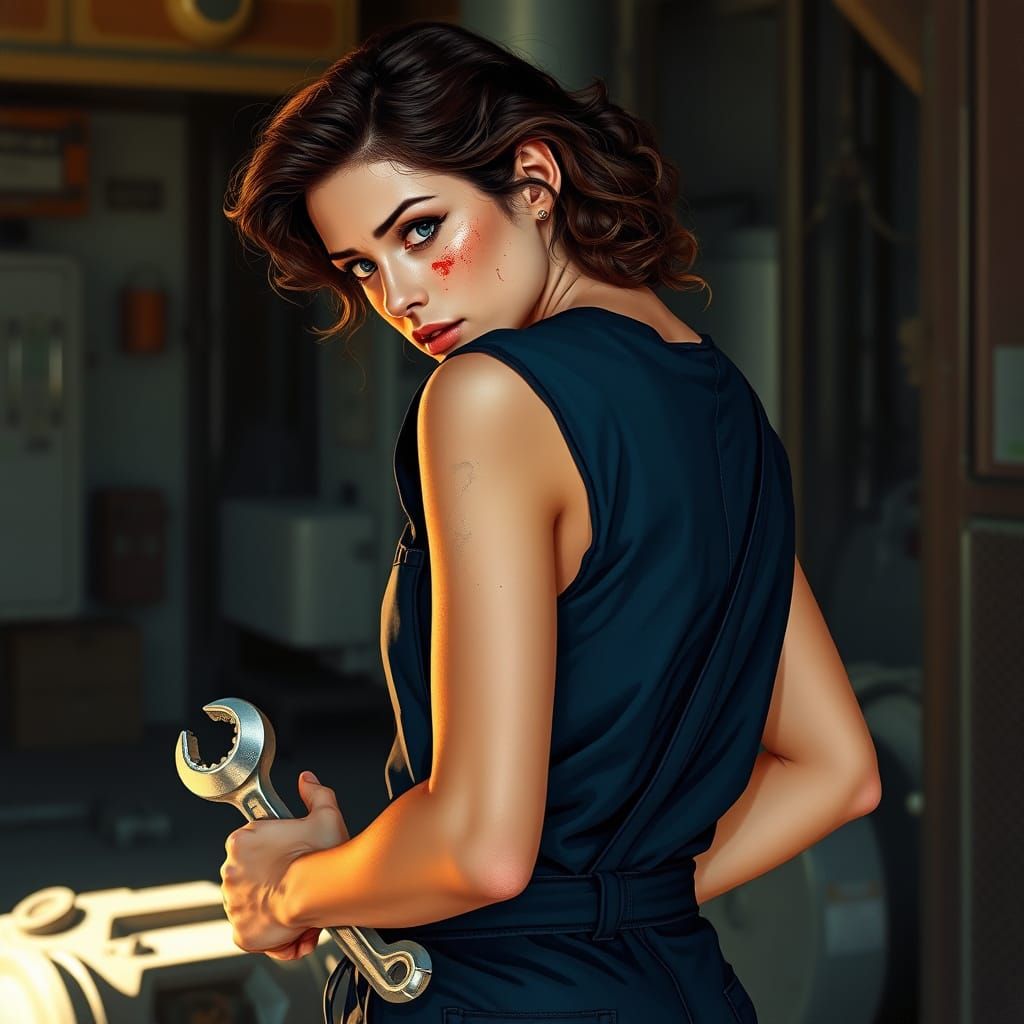 Female Mechanic in Futuristic Overalls, Illuminated by Natur...