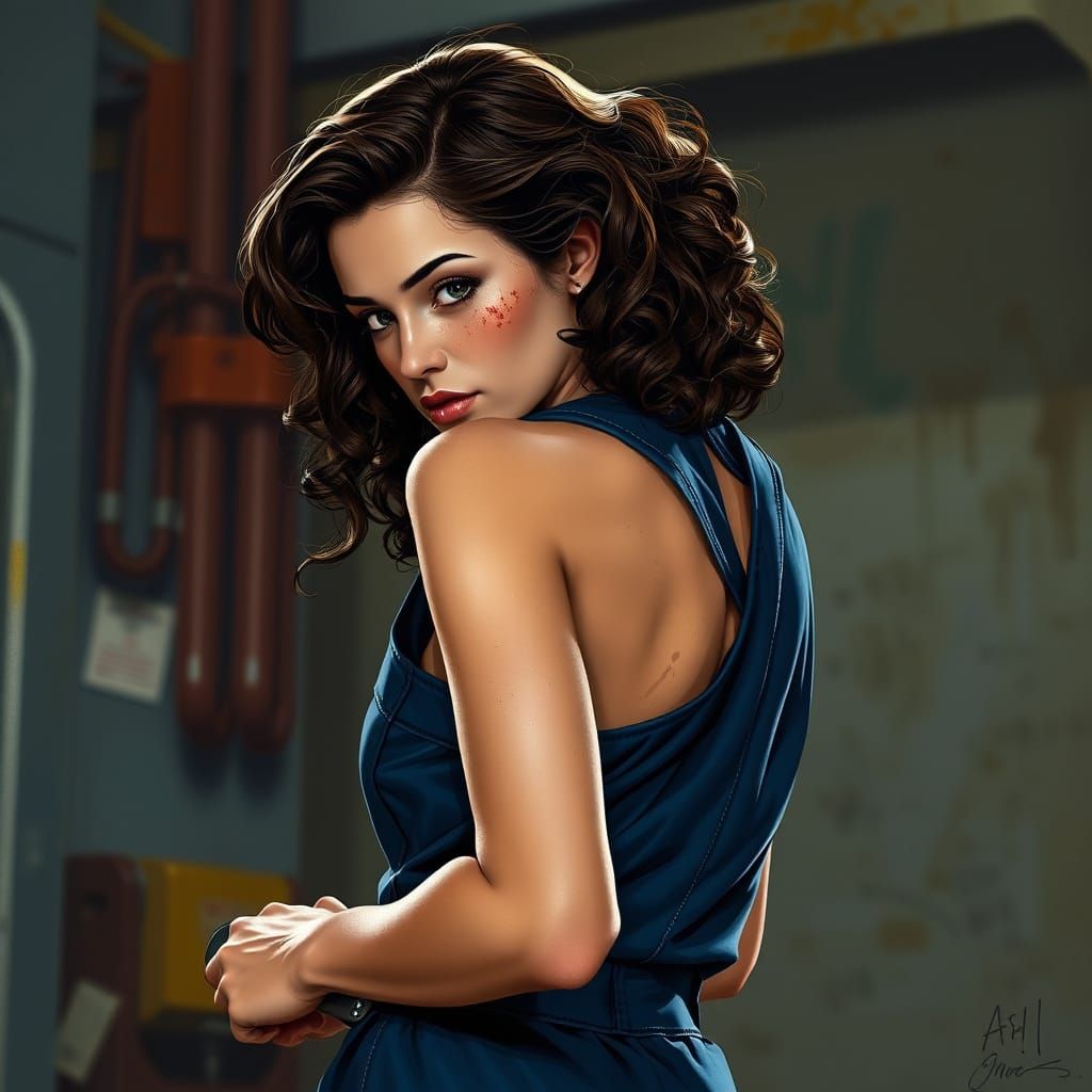 Futuristic Female Mechanic in Dark Blue Overalls
