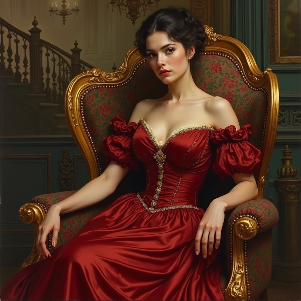 Victorian Lady in Red Velvet Gown