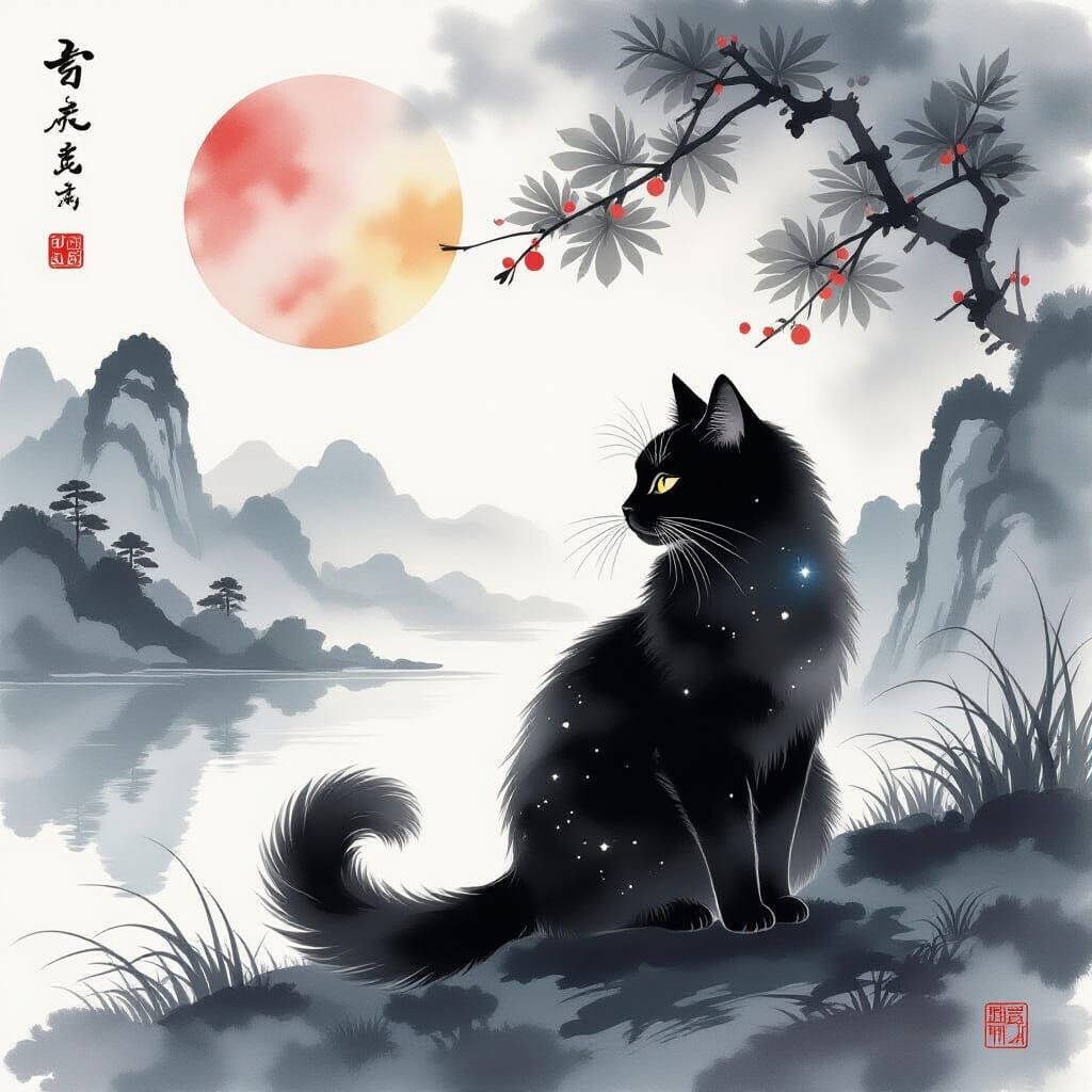 Black Cat with Ink Patterns as Celestial Bodies in Chinese W...