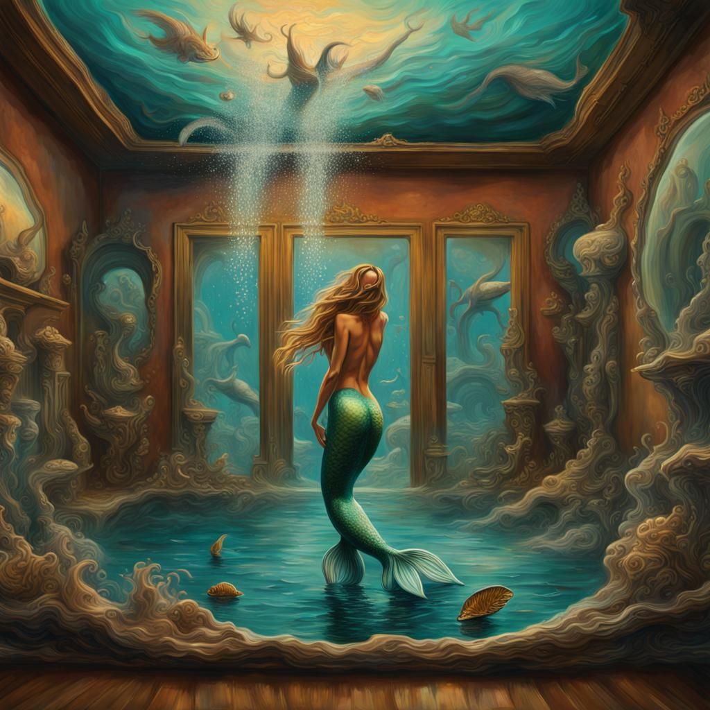Surreal Mermaid Suffocating in Aquarium, Dali-esque Style