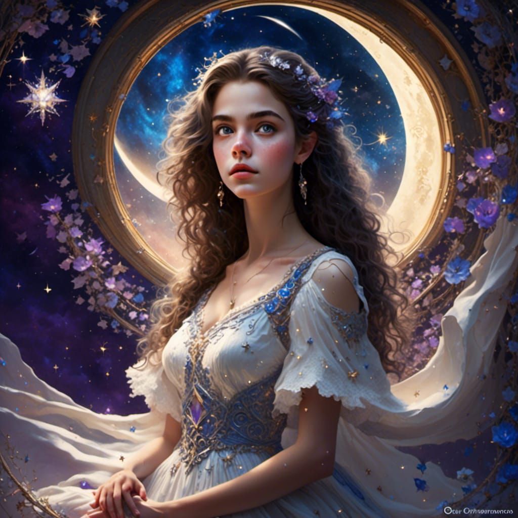 Dreamy Stardust Night: Beautiful Woman Gazing at Moon