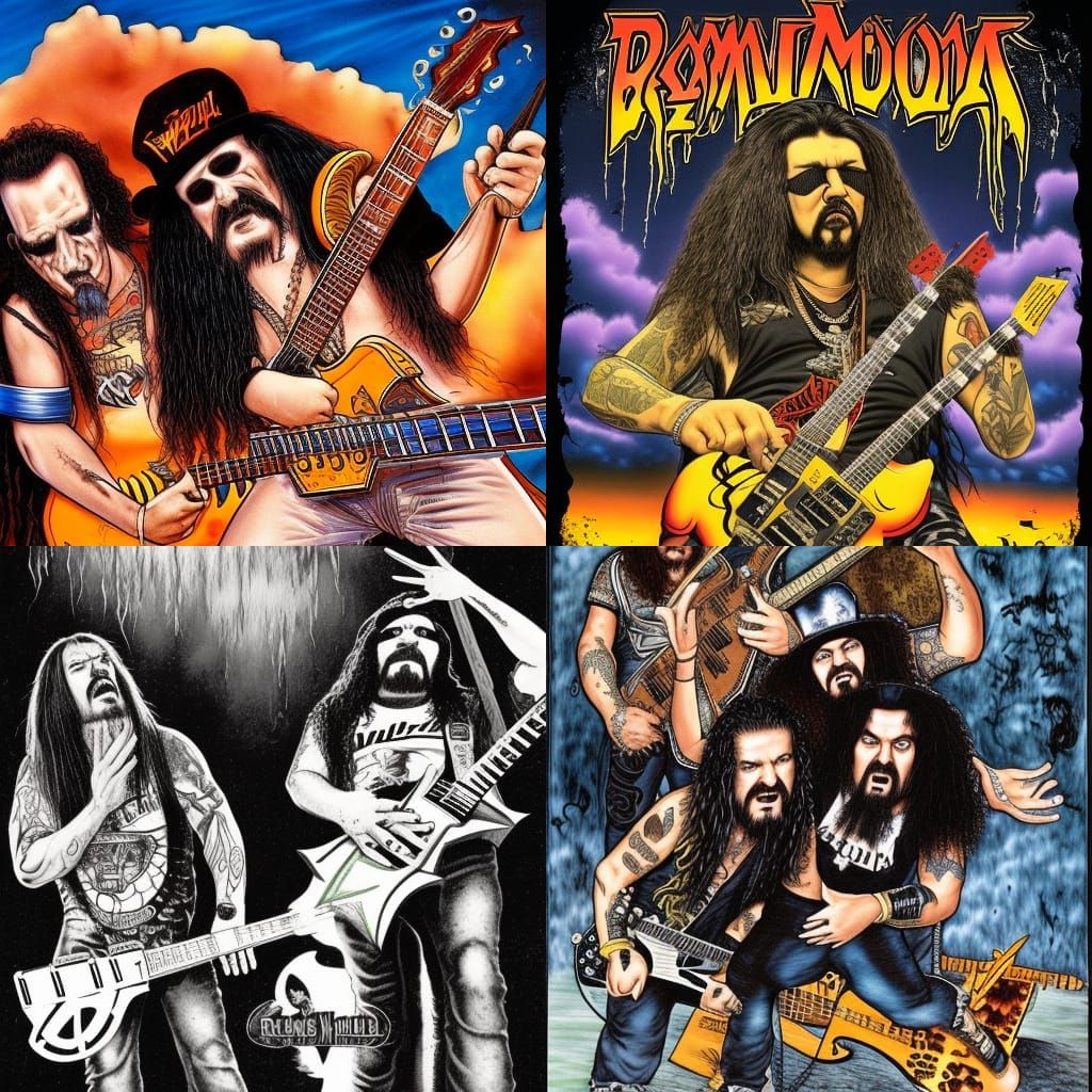 Dimebag Darrell And Vinnie Paul jamming with Cliff Burton and Lemmy Kilmister Splash art storybook illustration romantic...