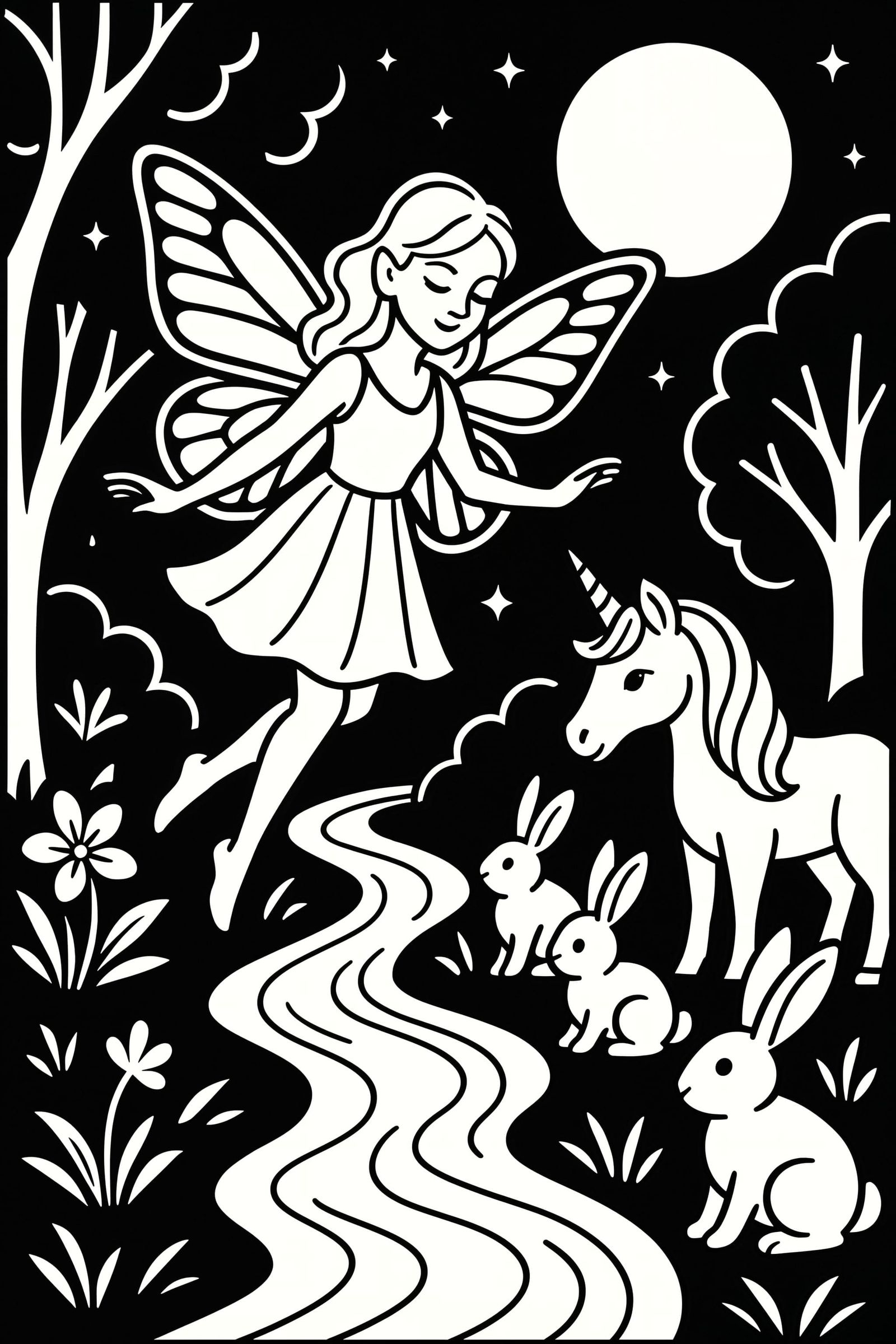 Enchanted Forest Fairy in Flight: Monochrome Line Art