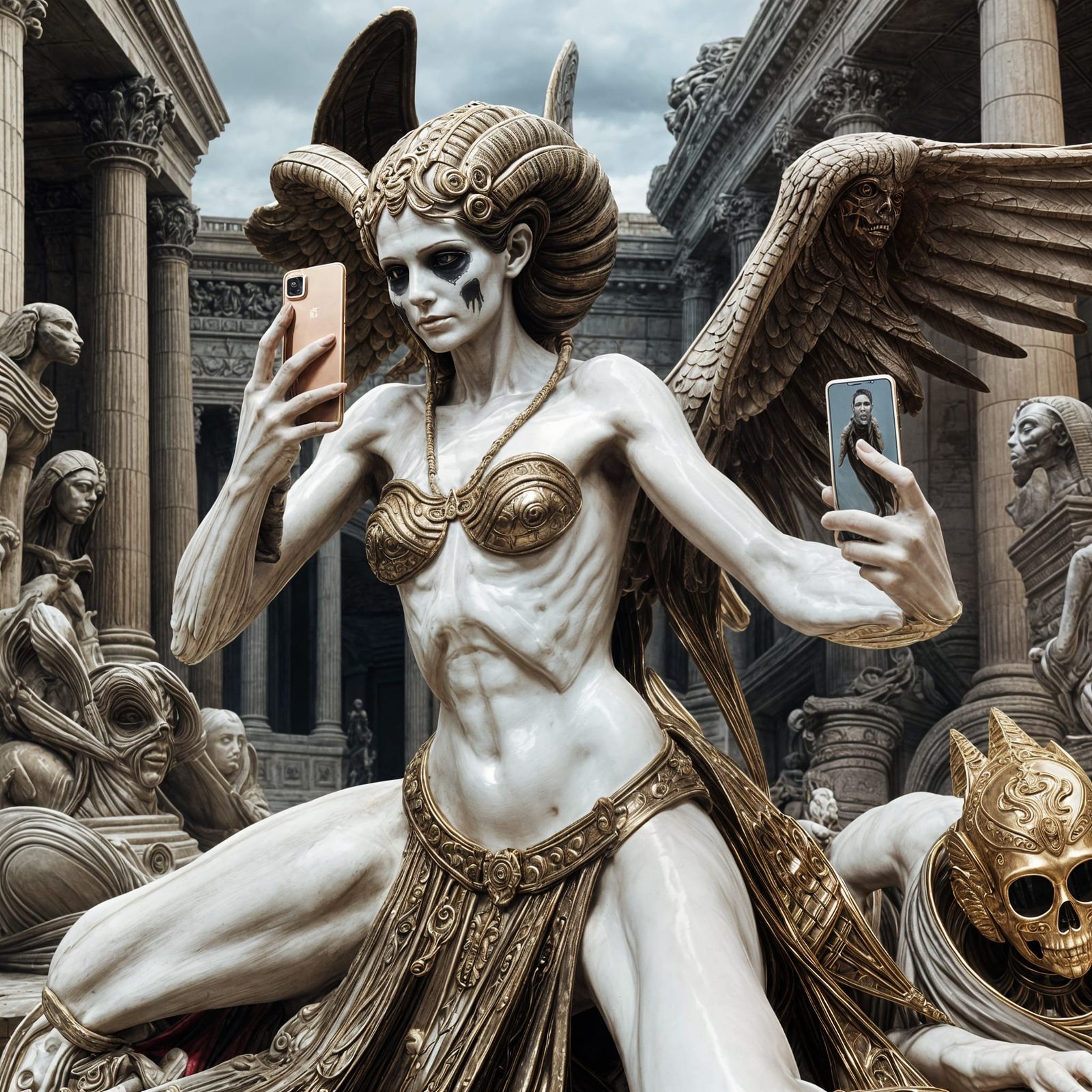 Sphinx Selfie with Death in Baroque Surrealism