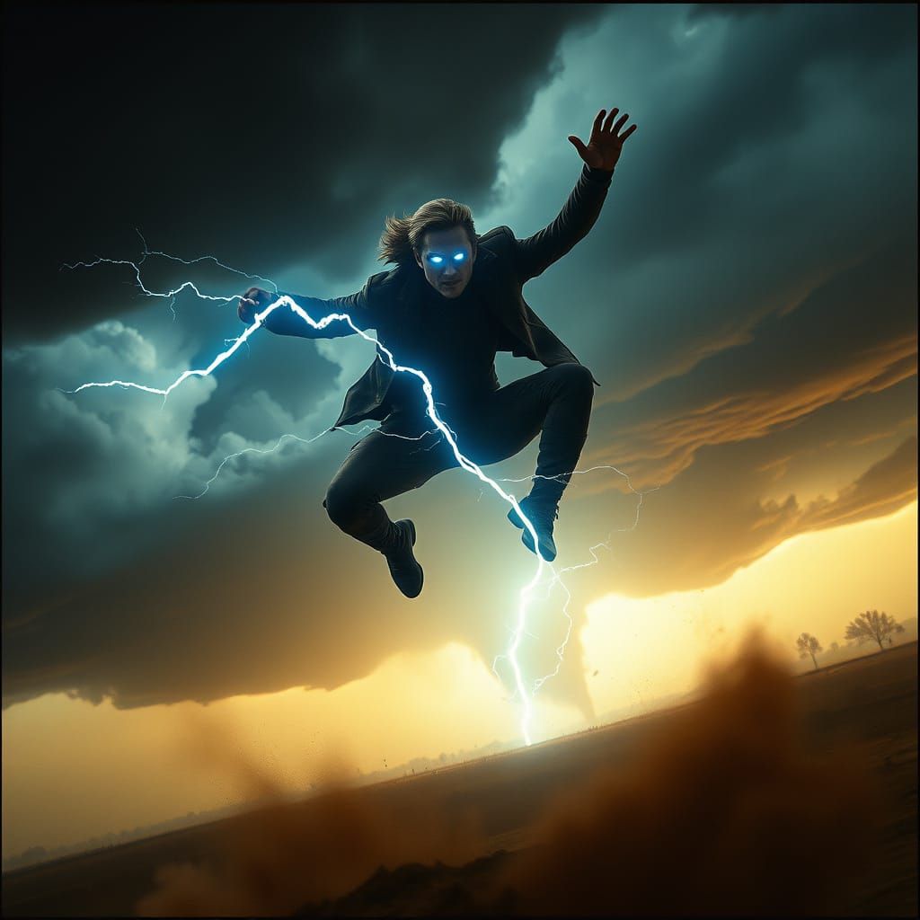 Hero Leaps into Stormy Sky with Lightning