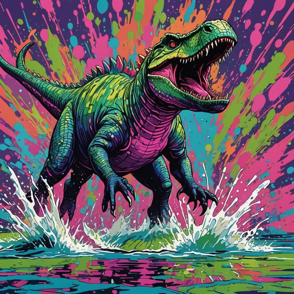 Sarcosuchus Attacks Parasaurolophus in Pop Art Style