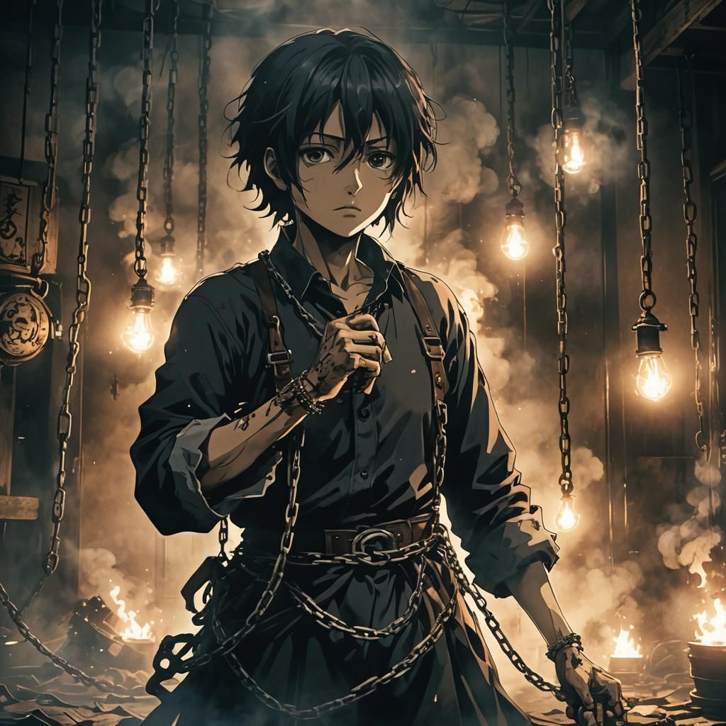 Chained Hands in Smoke: Cinematic Anime Style