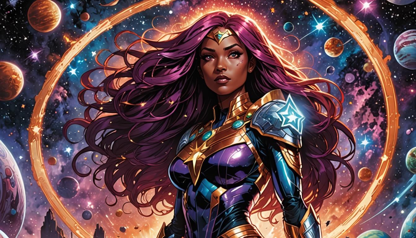 Starfire in Cosmic Scene, Comic Book Art