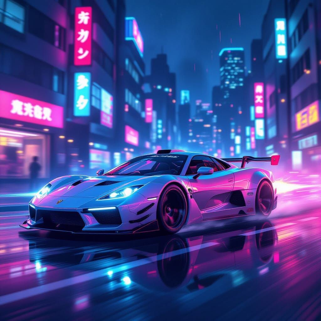 Cyberpunk Anime Sports Car on Neon Streets