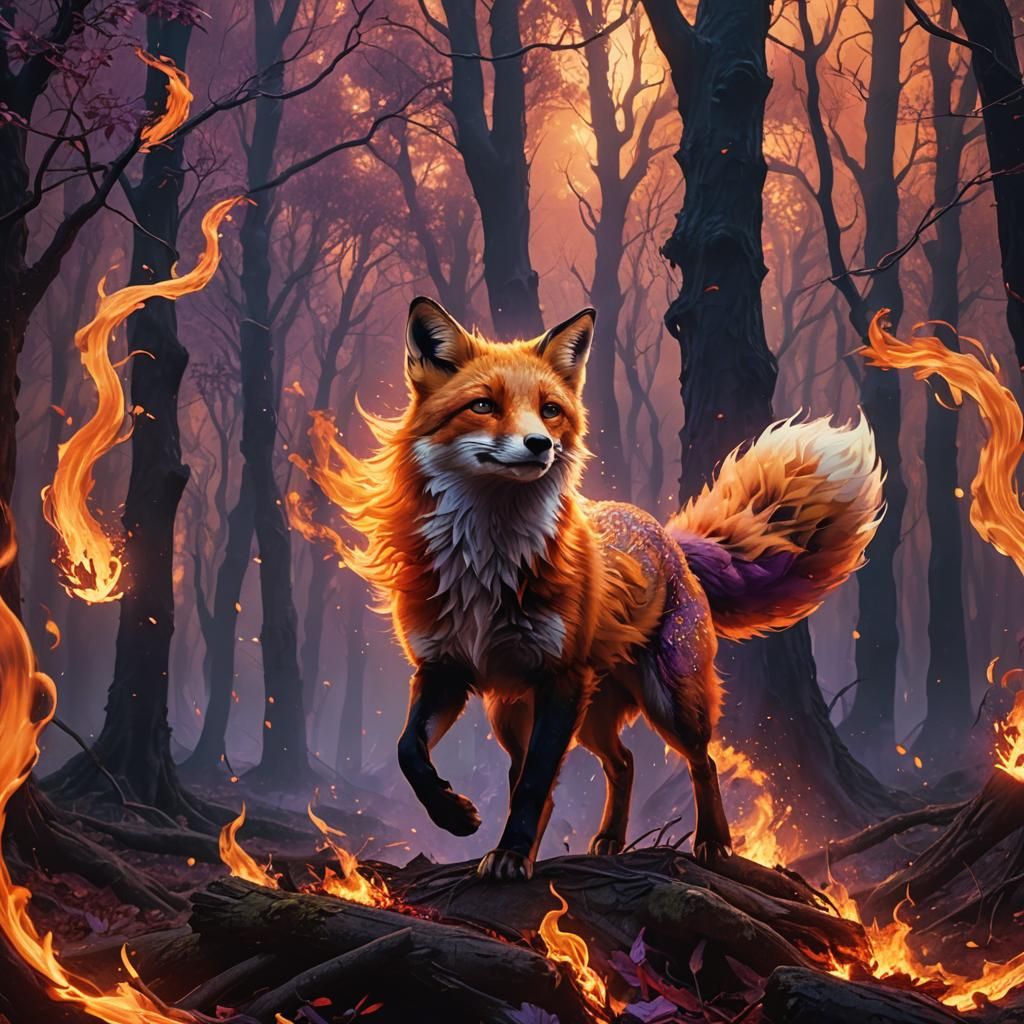 Fox Leaps Through Flames in Mystical Forest