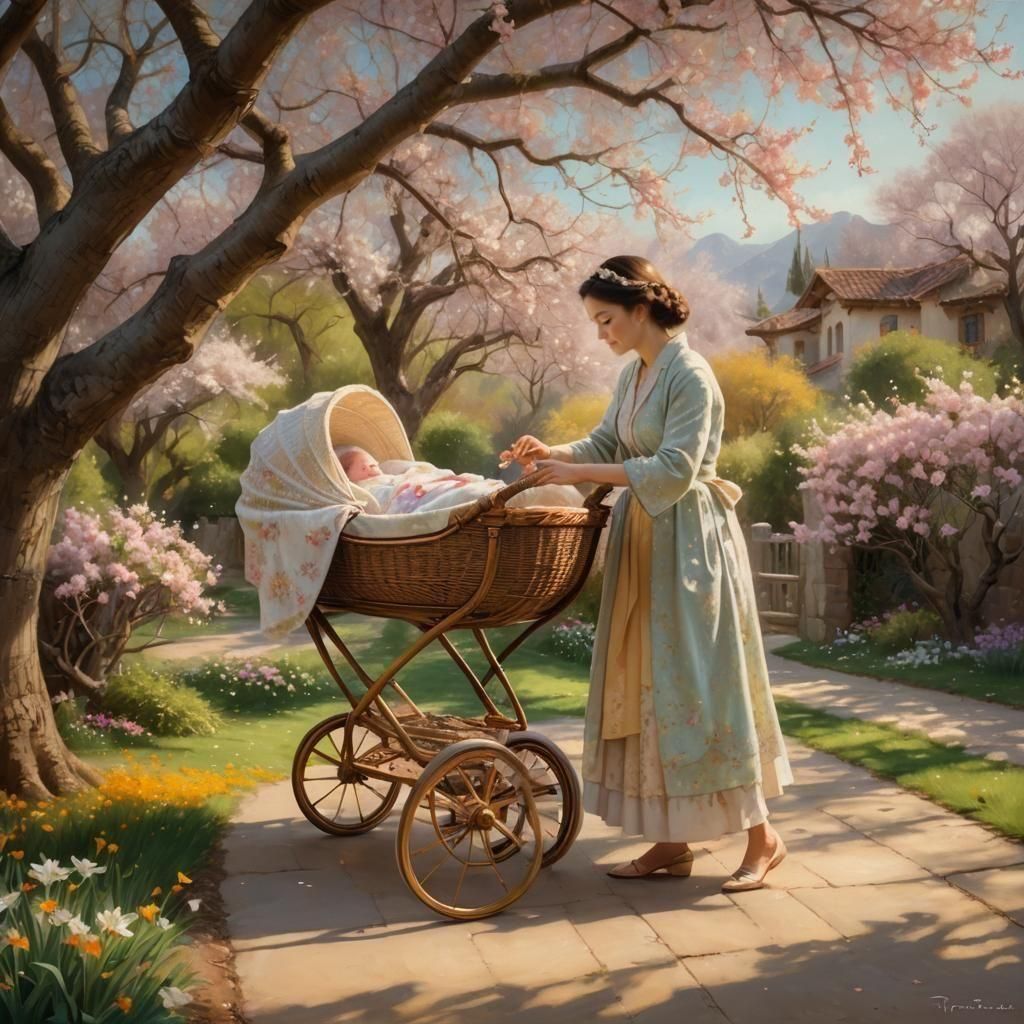 Baby in Pram Under Almond Tree: Ethereal Art