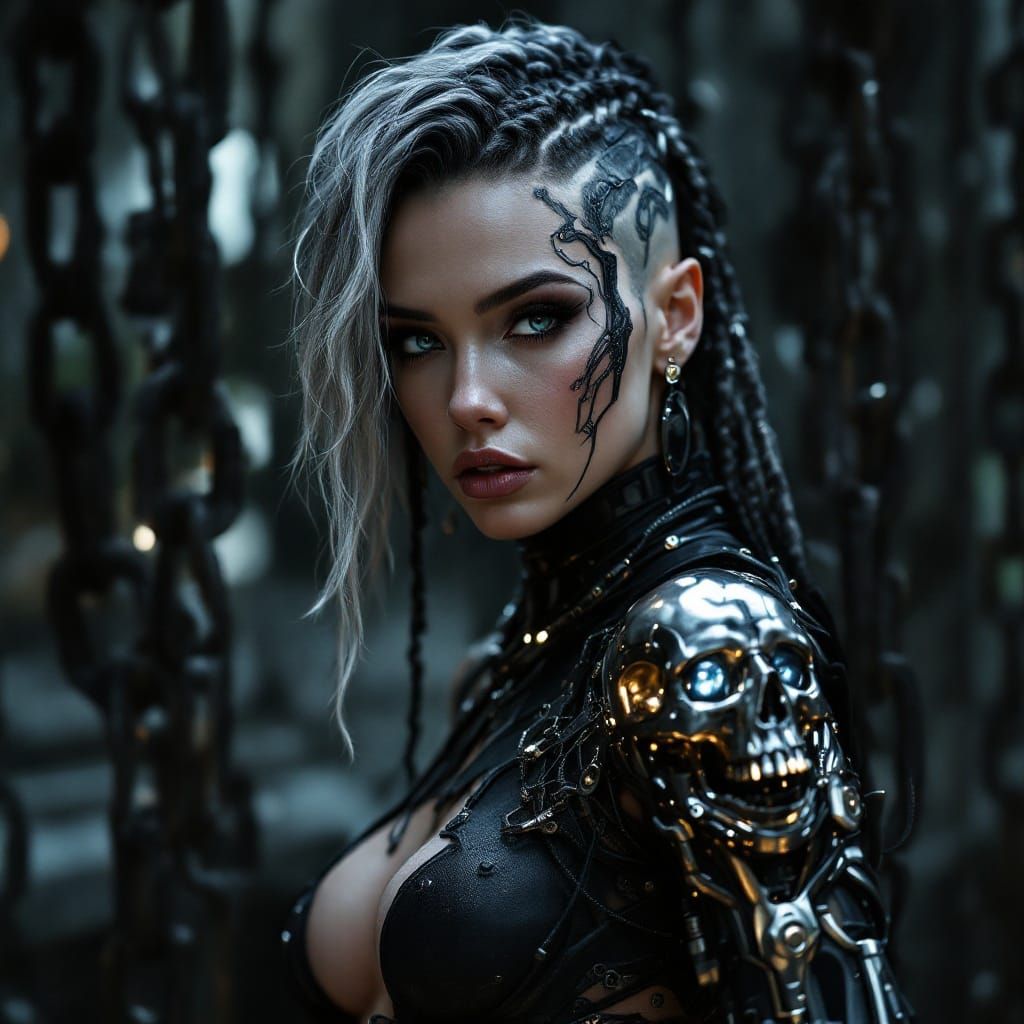 Cyberpunk Goddess with Biomechanical Tattoos and Metallic Ar...