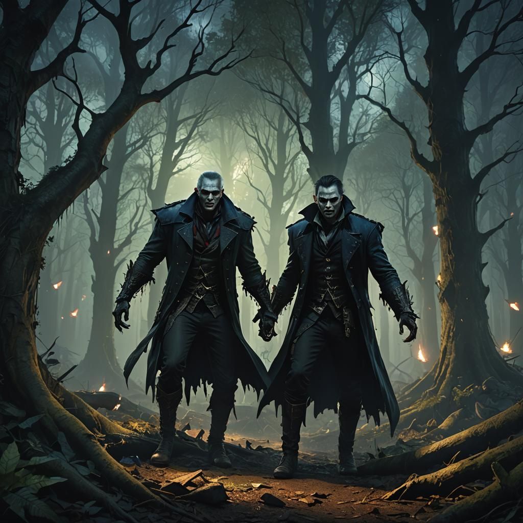 Vampires Roaming Misty Woods: Dark Fantasy Art