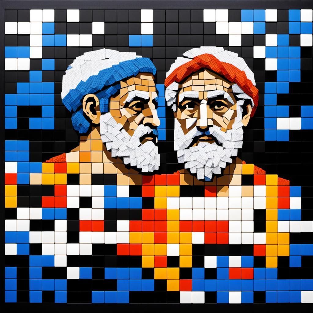 Knitted Mosaic of Plato and Aristotle