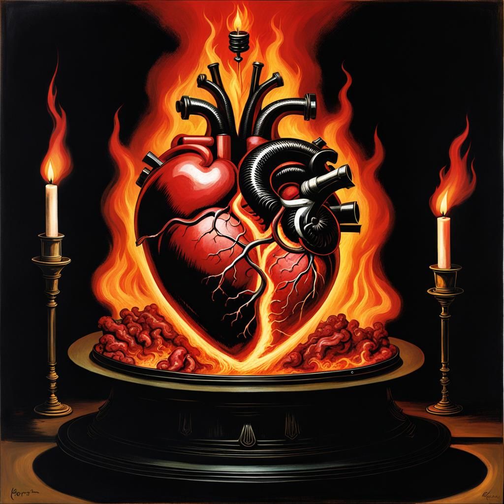 Fiery Heart Cooks Brain on Altar: Dark Fantasy Art