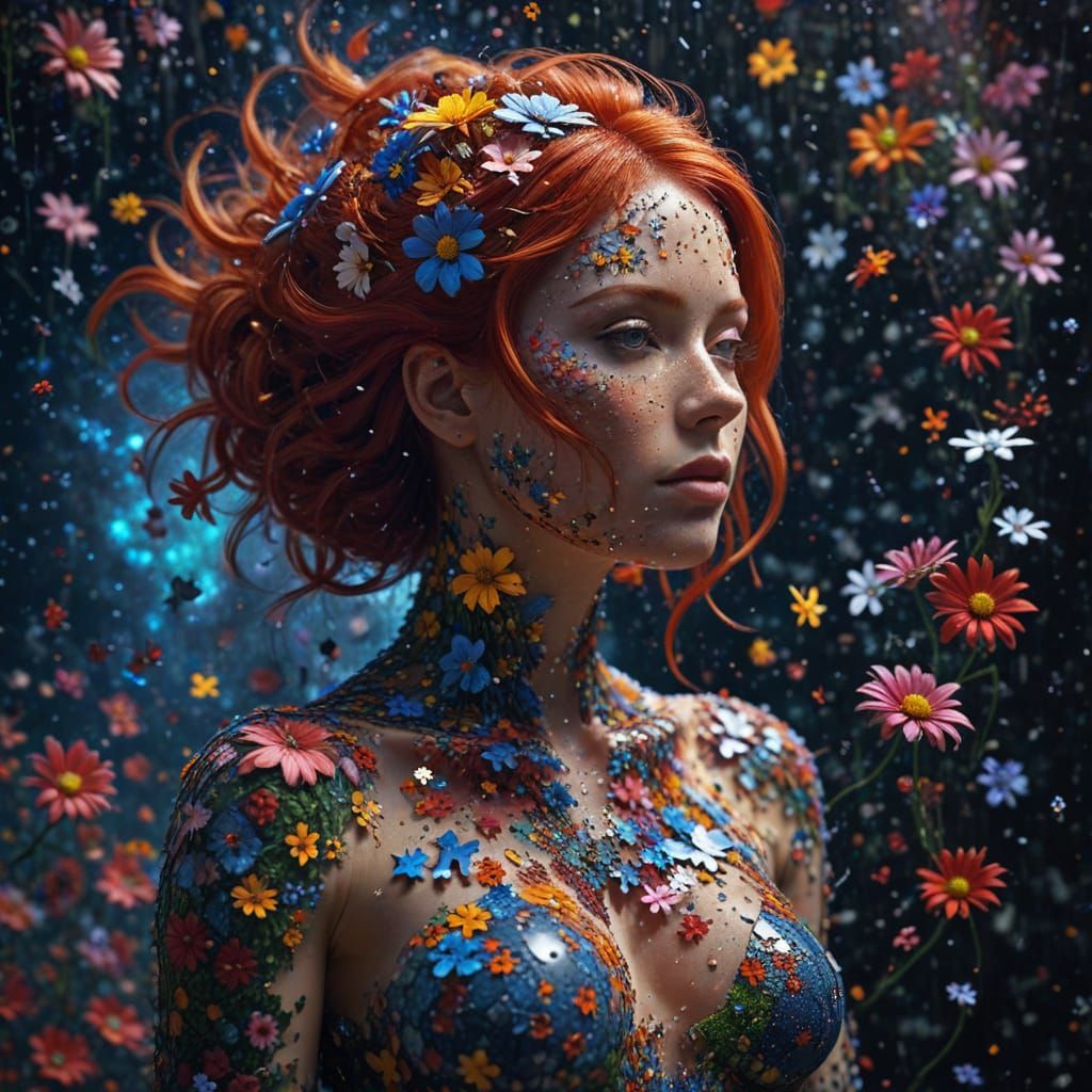 Cosmic Woman with Puzzle Piece Skin in Hyperrealistic Style