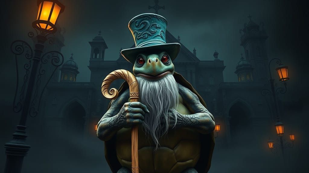 Mystical Turtle Sage in Eerie Church Setting