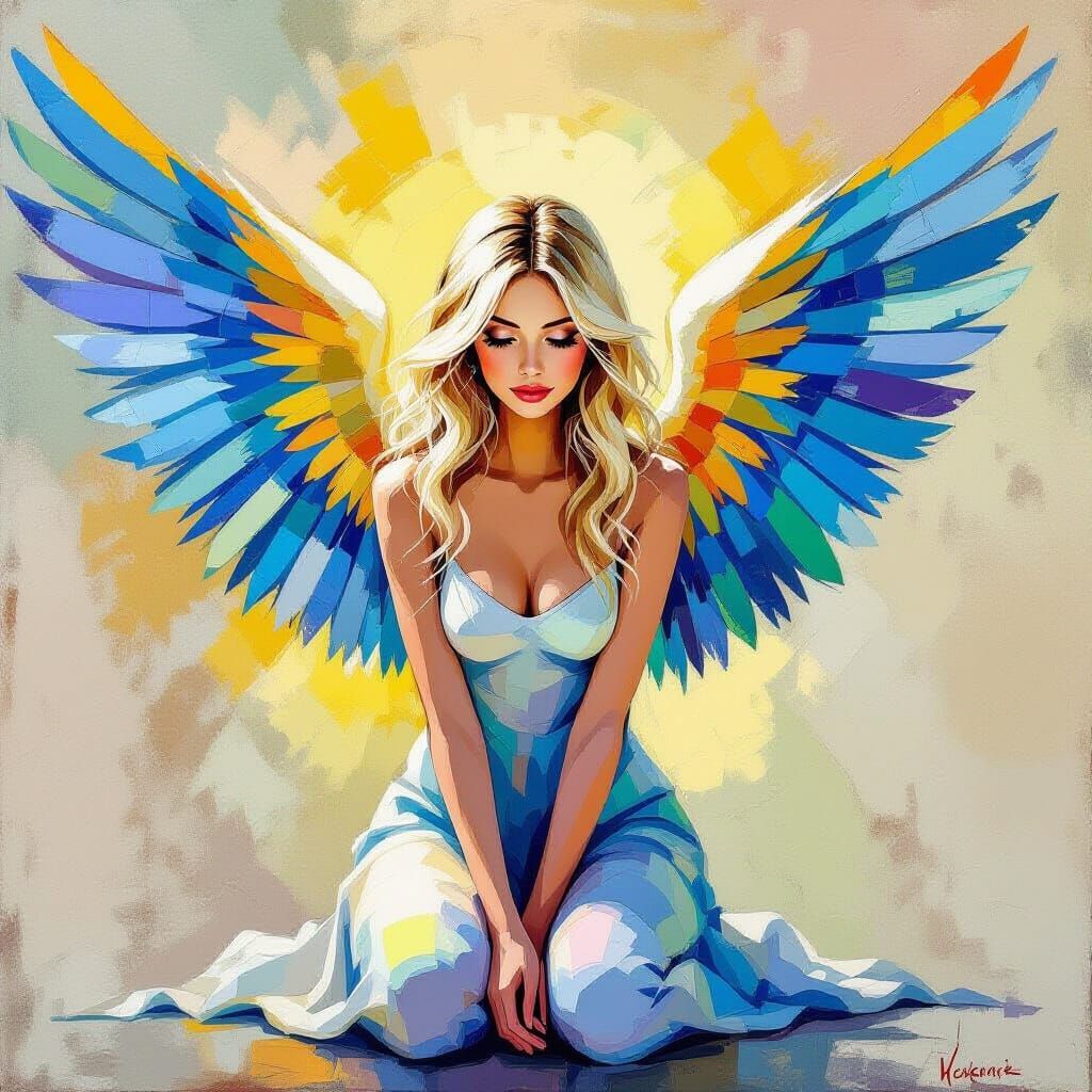 Angelic Figure Kneeling in Textured Acrylic Painting