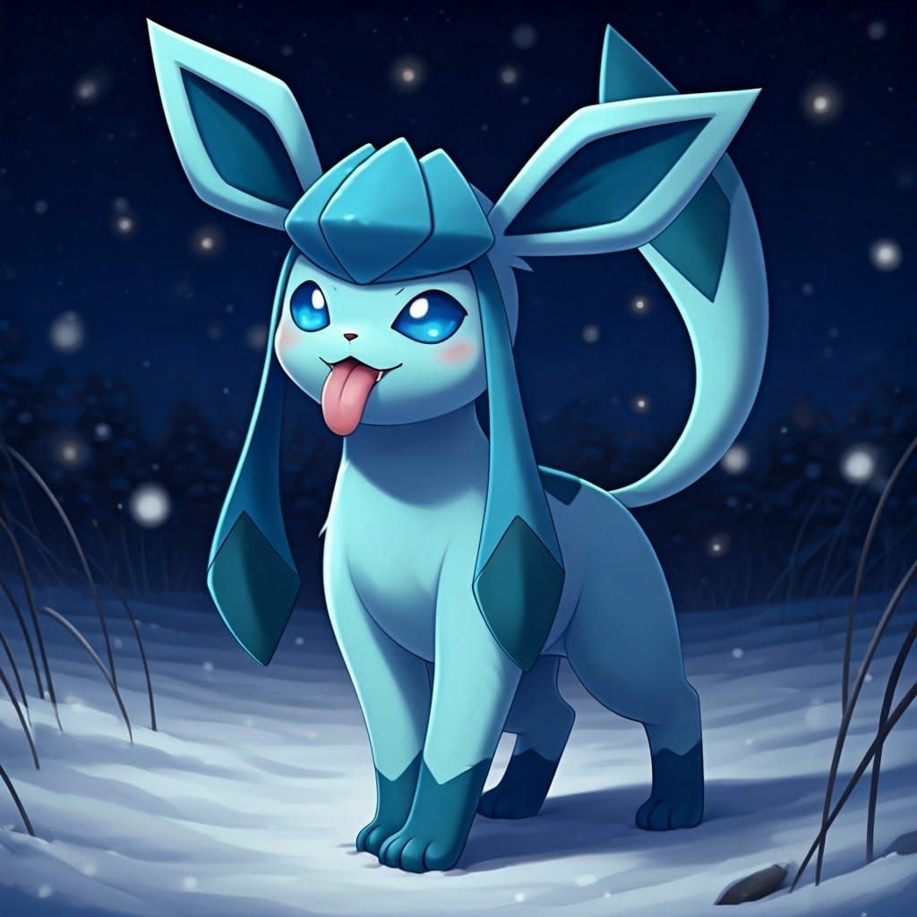 Adorable Glaceon Licking Snowflakes in Snowy Field