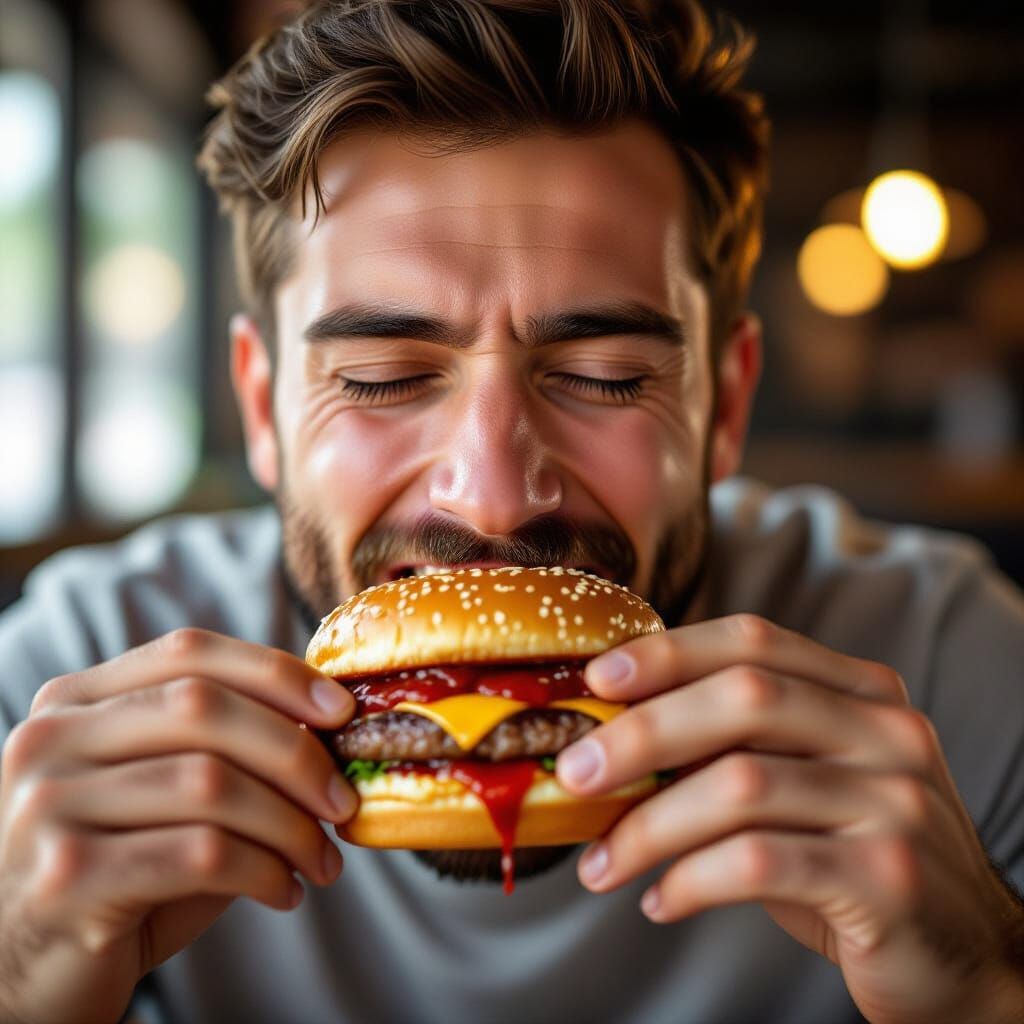 Horror Burger: Man Eats Bloody Burger in Close-Up Photo