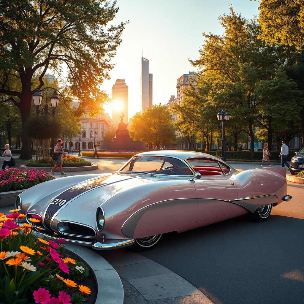 1950’s concept car, two tone, city park setting