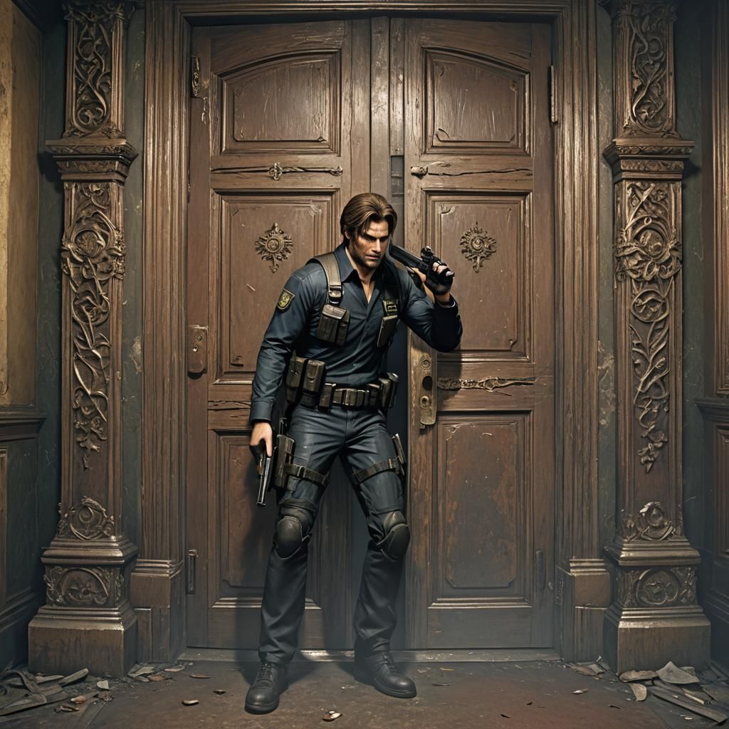 Leon Hiding, Pistol Ready, in Digital Matte Painting