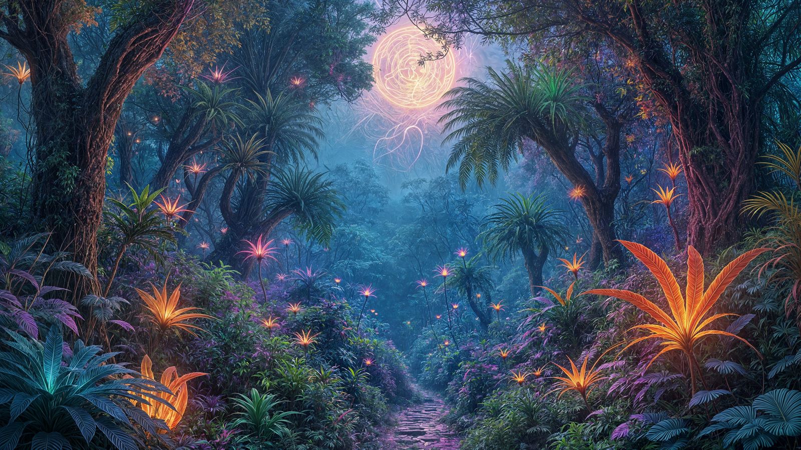 Psychedelic Jungle with Bioluminescent Flora