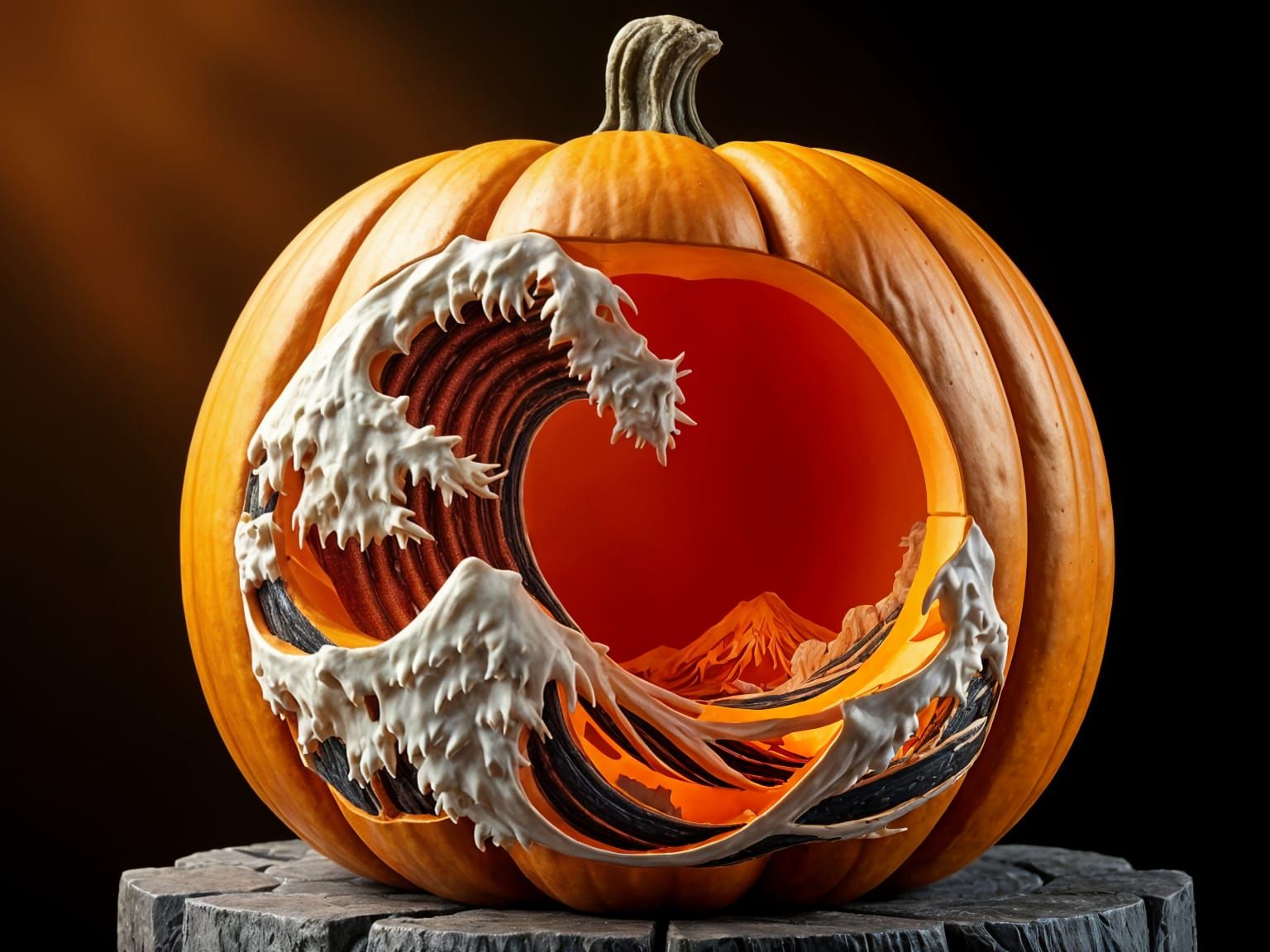 Hokusai-Inspired Pumpkin Carving with Sea and Mount Fuji