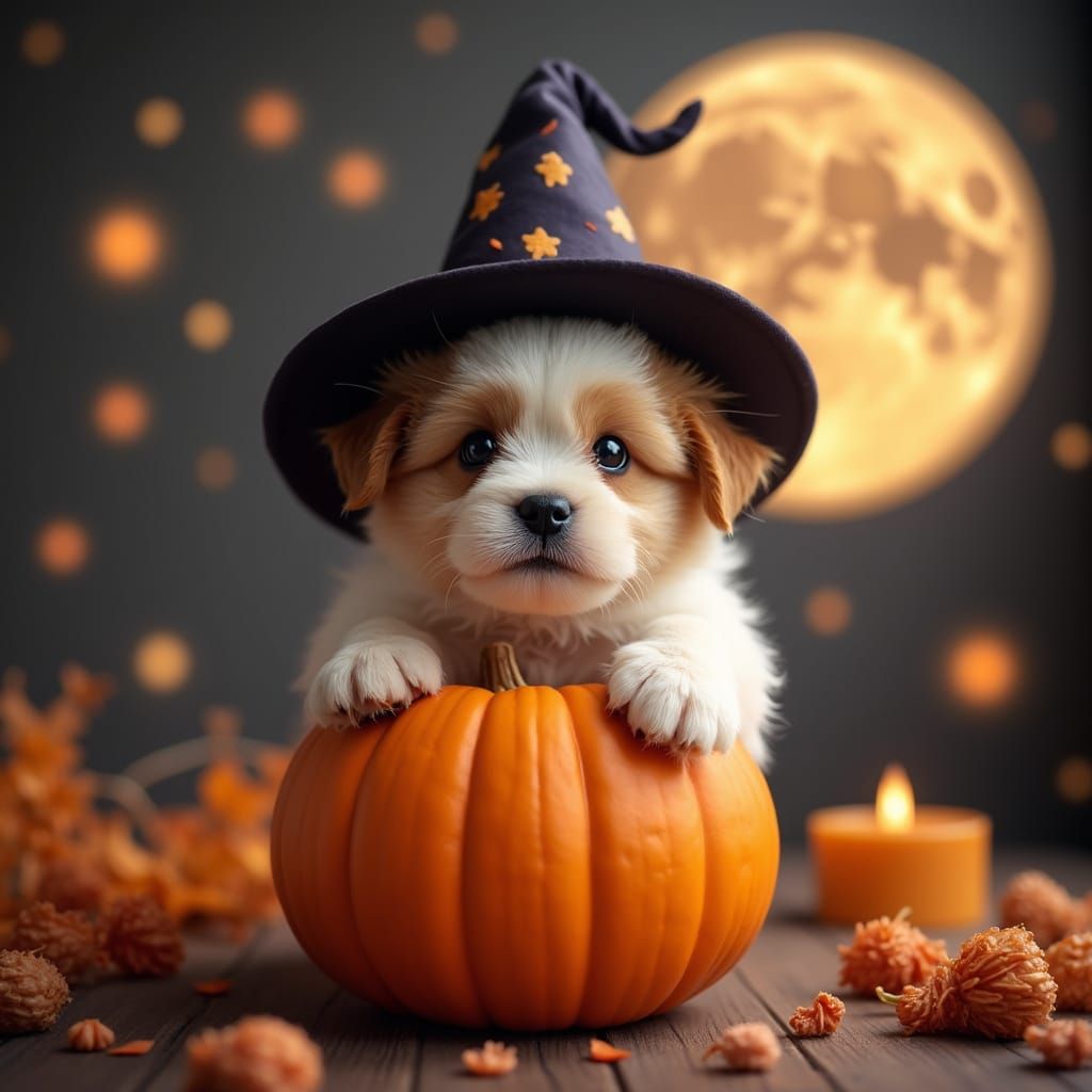 Cute Puppy in Nostalgic Halloween Scene