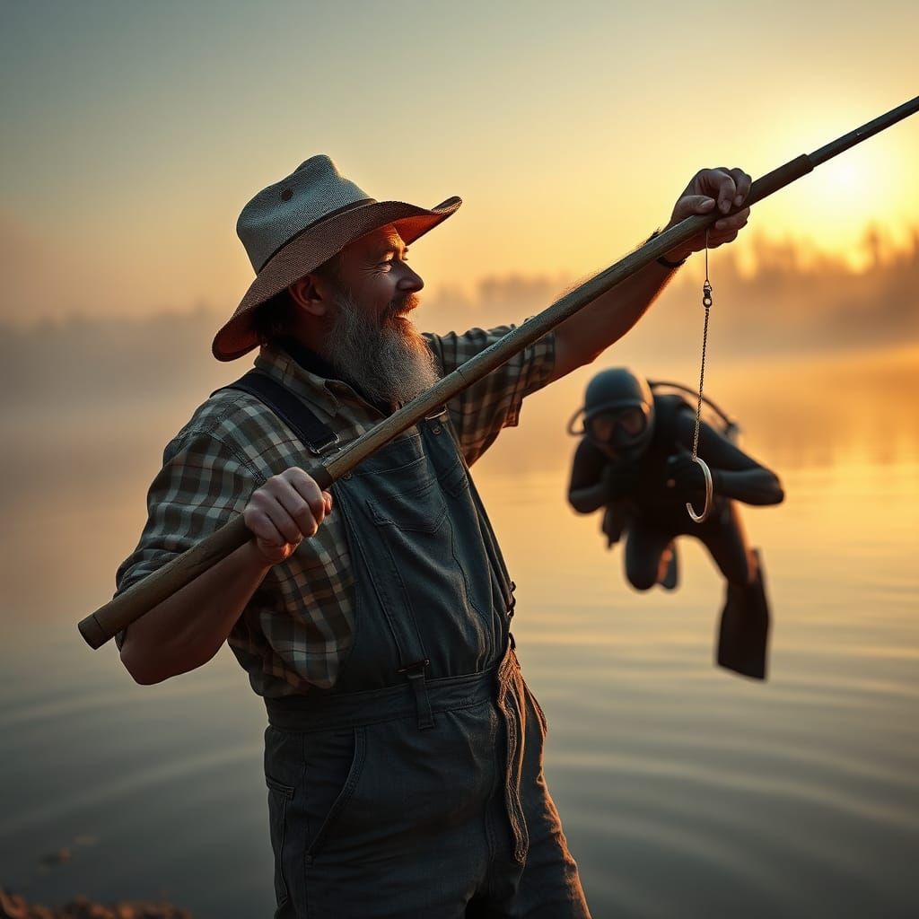 Fisherman's Surprise: Scuba Diver's Prank in Hyperrealism