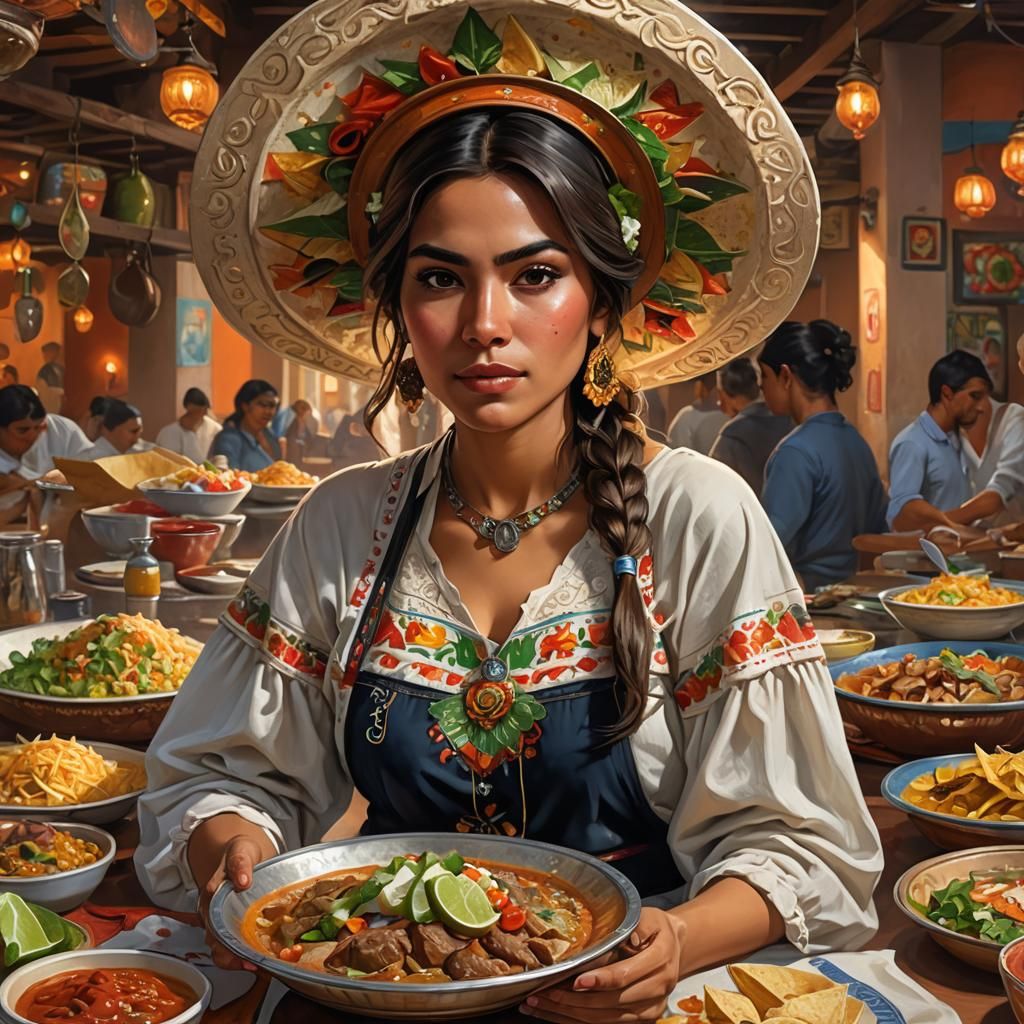 Mexican Woman Celebrates with Cuisine in Hyperrealistic Port...