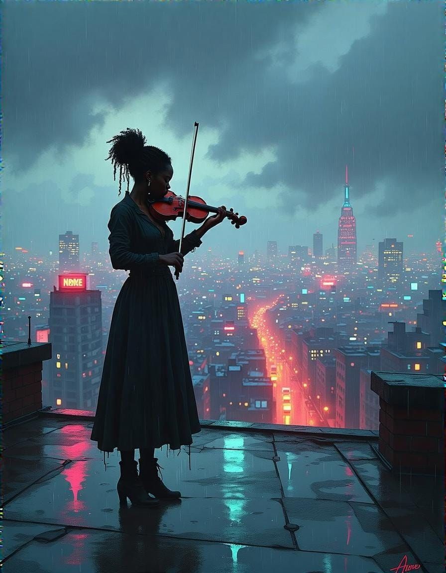 Violinist on Rooftop Overlooking Neon City at Dusk