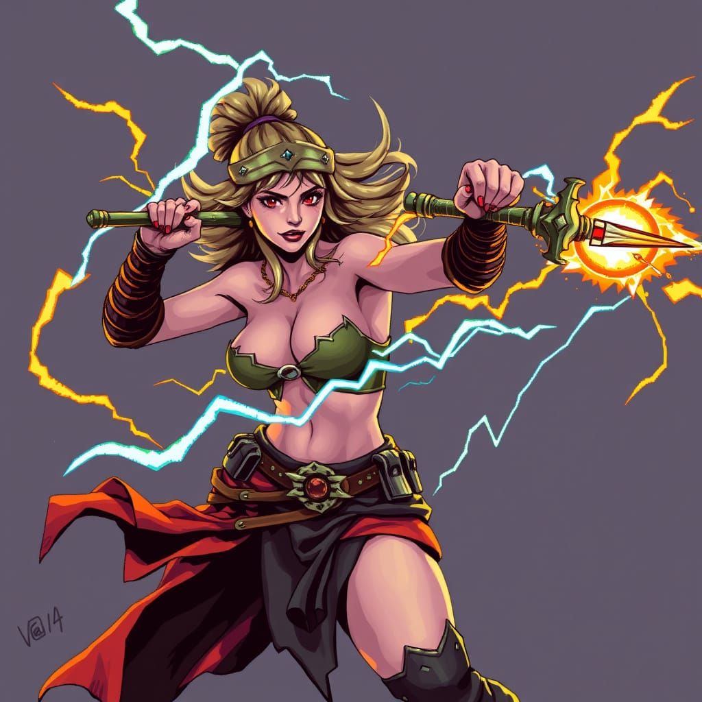 Fantasy Woman Dodging Attacks in ASCII Art Style