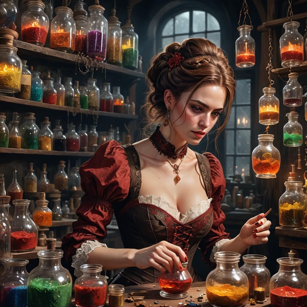 Young Alchemist in Studio: Hyperrealistic Splash Art