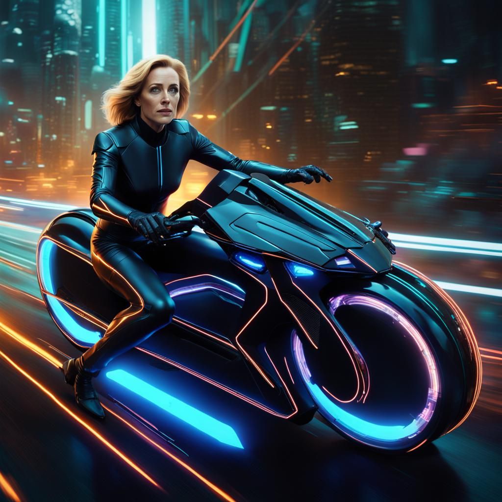 Woman on Light Cycle in Cyberpunk Art Style