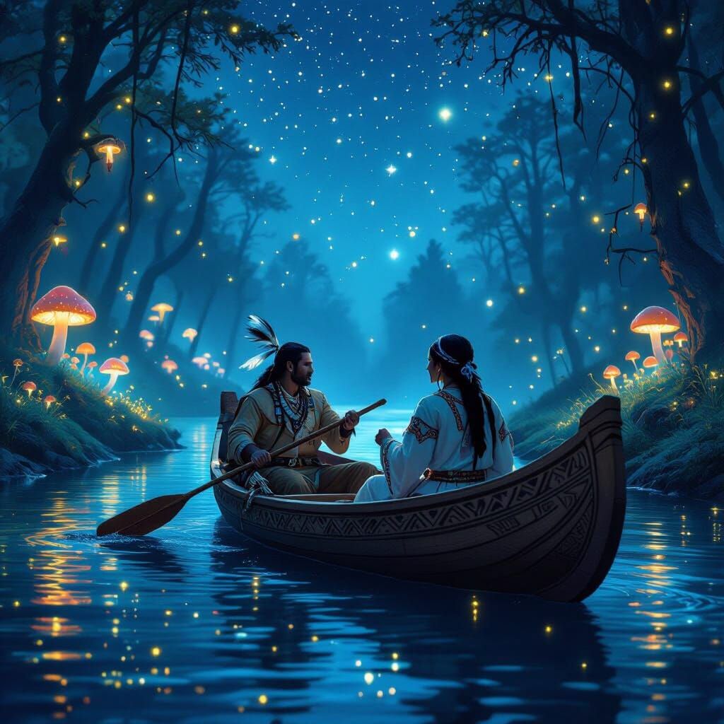 Cherokee Couple in Bioluminescent Forest, Hyperrealistic Sty...