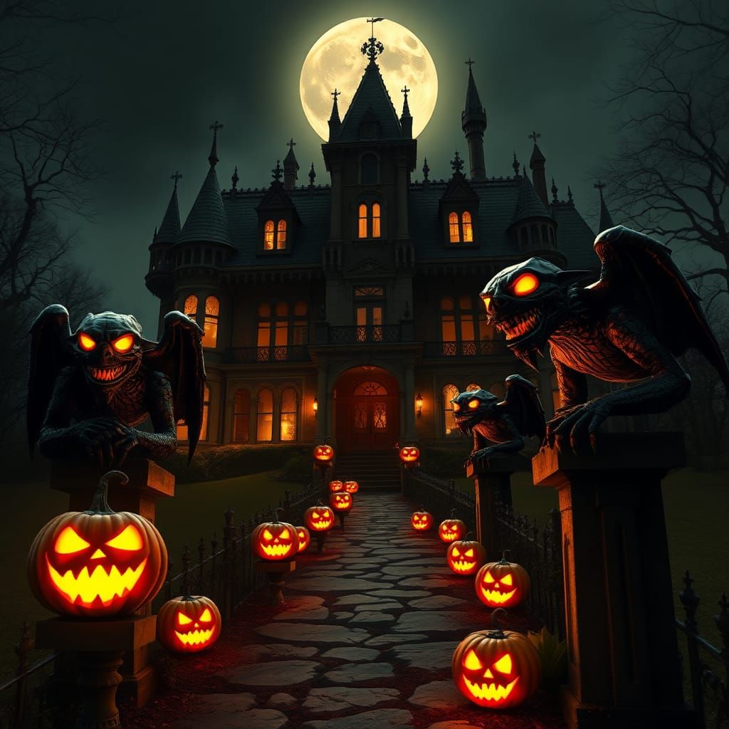 Spooky Gothic Mansion with Pumpkins and Gargoyles