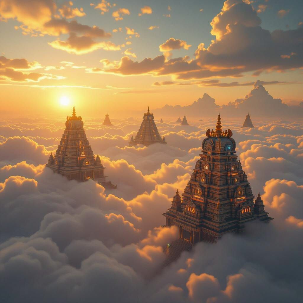 Majestic Hindu Temples Float Among Golden Clouds
