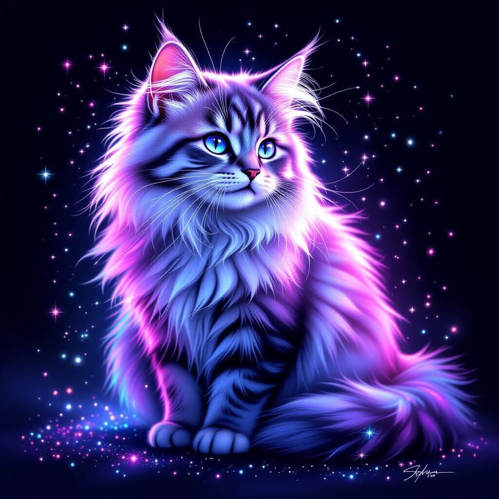 Ethereal Mist Cat Painting in Violet and Blue