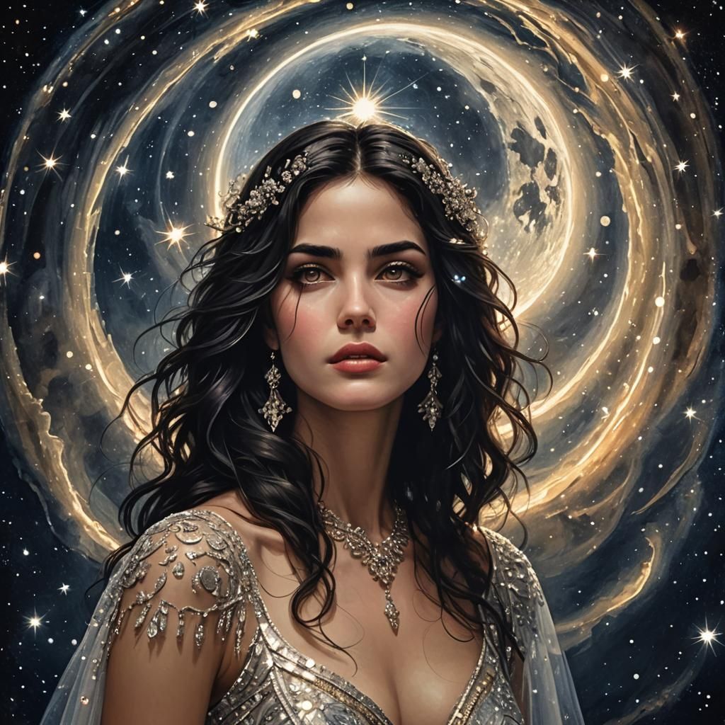 Silver Haired Moon Goddess Portrait in Art Nouveau Style