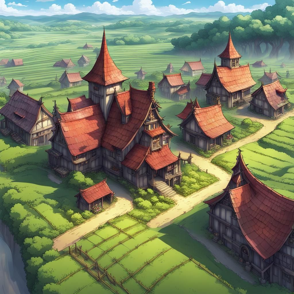 Demon Realm Fantasy Town with Lush Fields, Anime Style