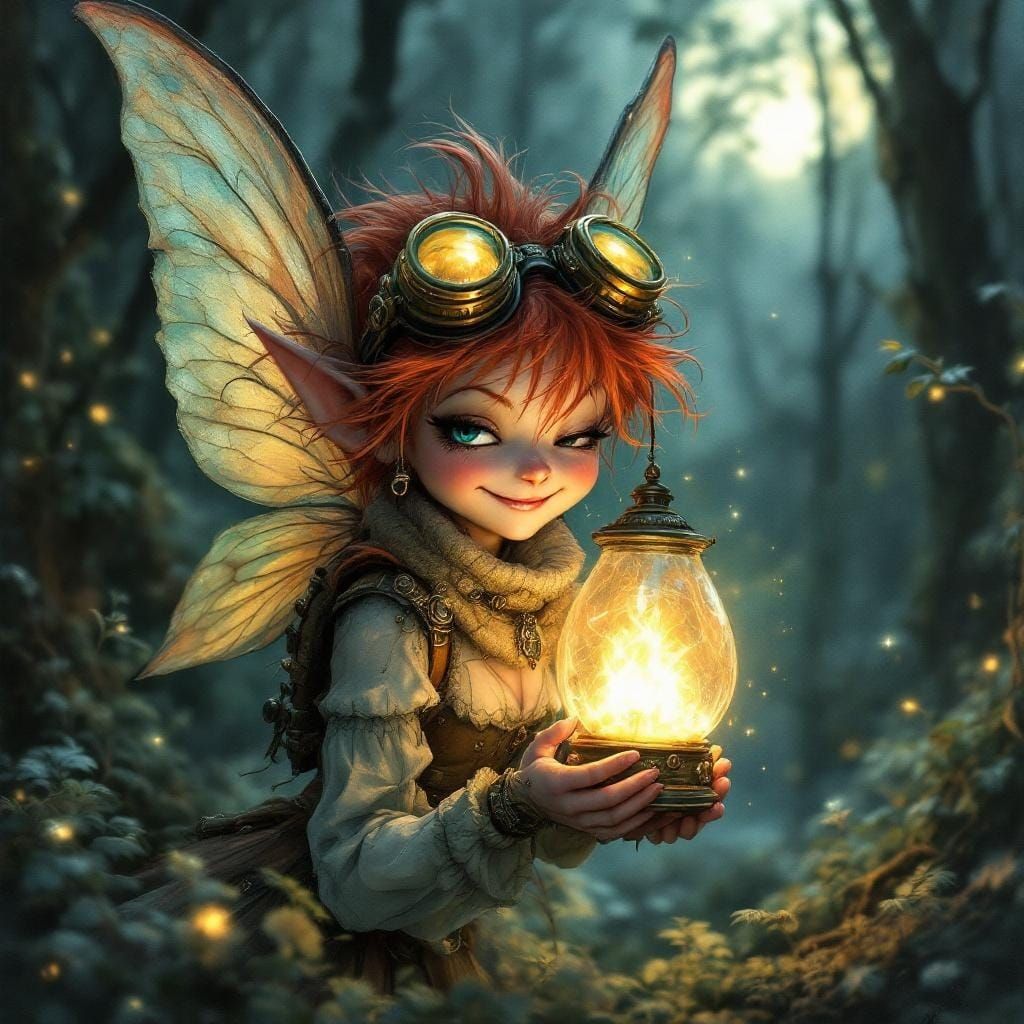 Steampunk Pixie in Moonlit Forest, Mixed Media Art