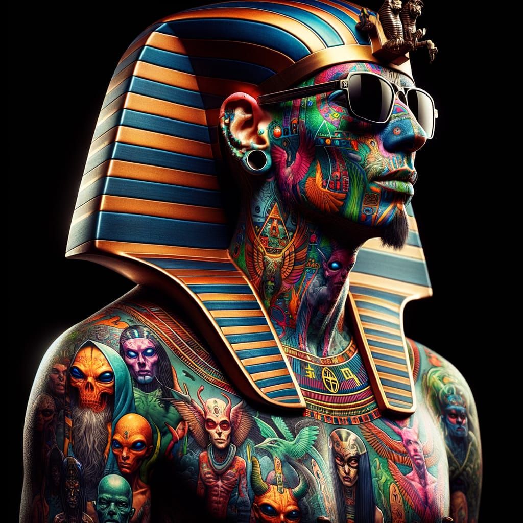 Pharaoh with Vivid Tattoos: Hyperrealistic Image