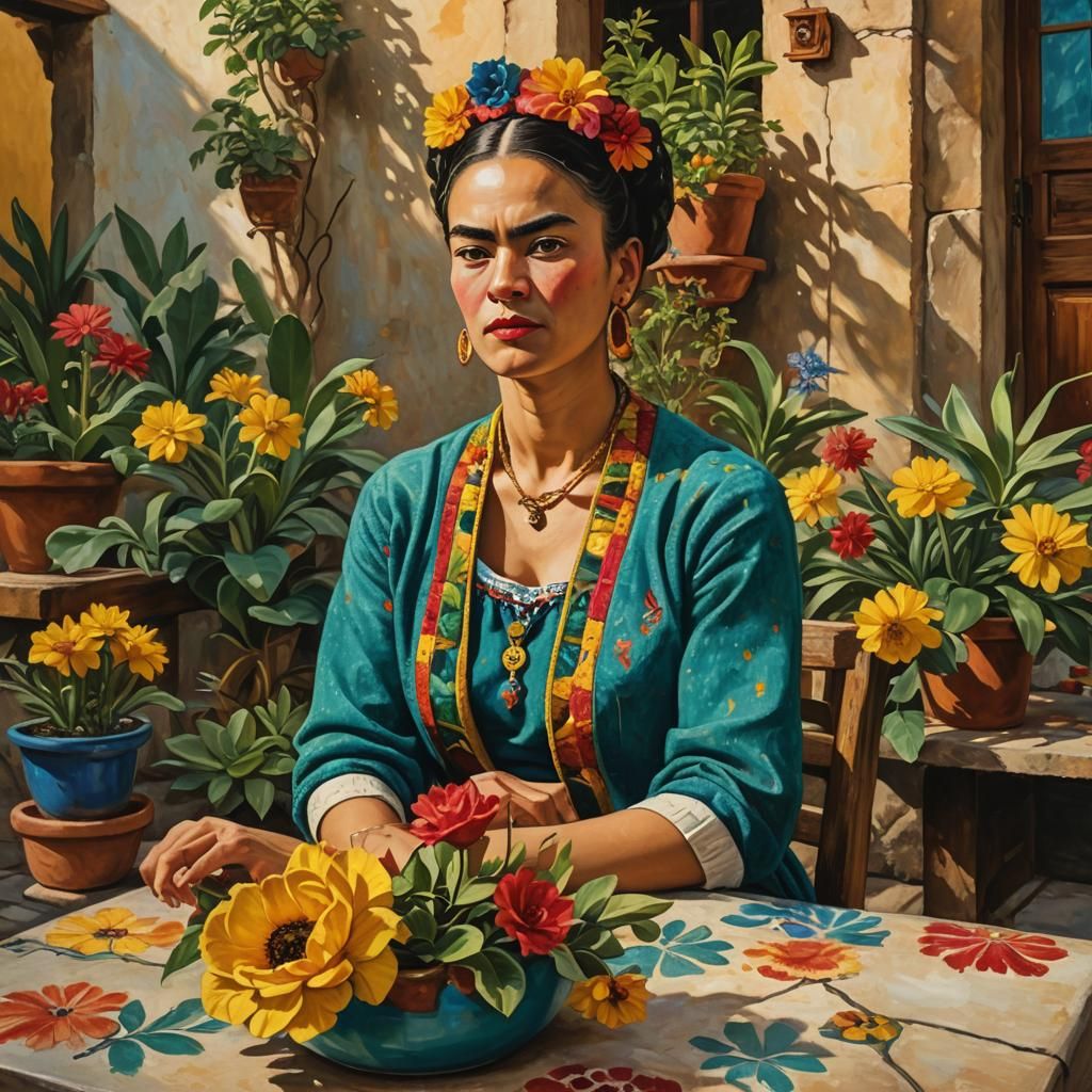 Frida Kahlo Portrait in Impasto Oil Painting Style